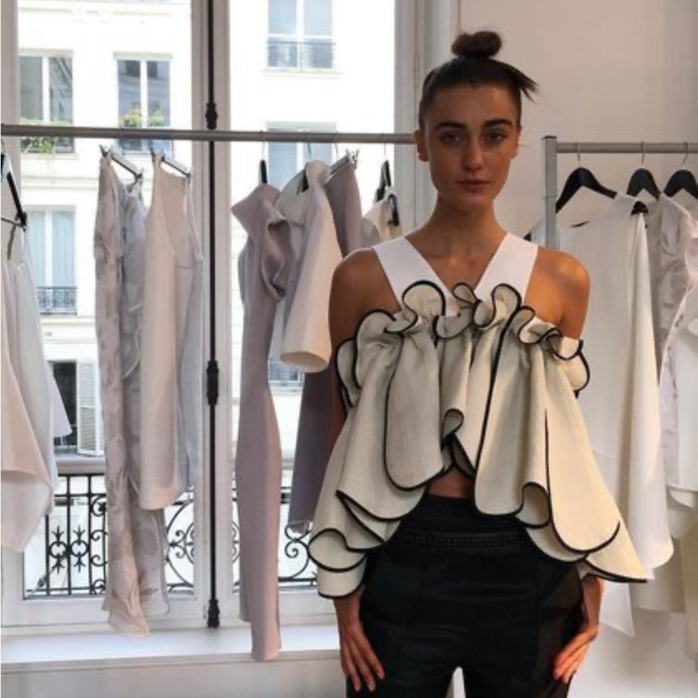Maticevski Asymmetrical Ruffled Sleeveless Blouse in White and Black